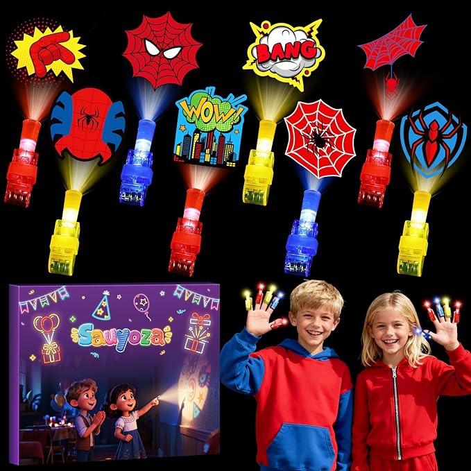 36 Pcs Spider Themed Party Favors LED Finger Lights for Kids, Superhero Glow in the Dark Party Supplies, Goodie Bag Stuffers Classroom Treasure Box Prizes for Boys Girls