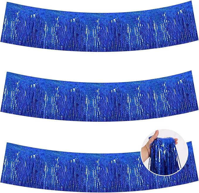 BEISHIDA 3 Packs Metallic Foil Fringe Garland Laser Blue Wall Hanging Tinsel Fringe Banners for Car Floats Bridal Shower Wedding Birthday Easter Graduation Holiday Party Decoration(30 Feet)