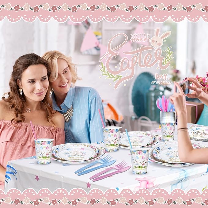 Yungyan 231 Pcs Easter Bunny Gender Reveal Party Supplies, Serve 25, Easter Baby Shower Tableware Paper Plates Tablecloth Cups Napkins Straws and Napkins for Birthday Tableware Table Party Favors