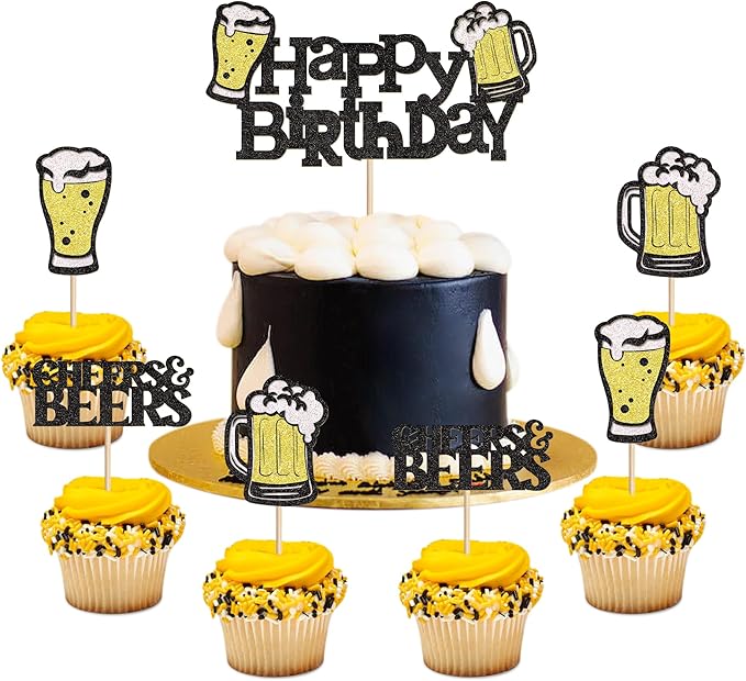 Ercadio 25 PCS Beer Party Cupcake Toppers Cheers and Beers Happy Birthday Decor for Beer Kegs Cake Topper Favor for Summer Family Party Decor Supplies