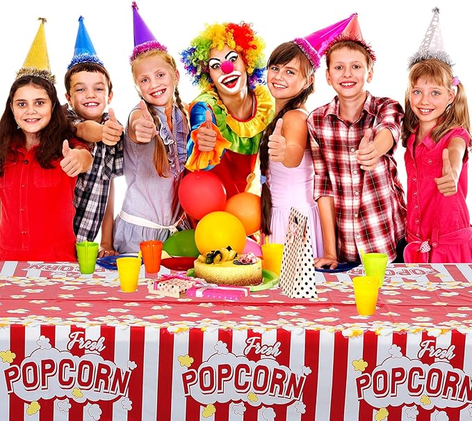 Breling 3 Pieces Popcorn Tablecloth 54 x 108 Inch Plastic Popcorn Table Cover Party Decorations Carnival Circus Movie Night Supplies Carnival Birthday Party Supplies Tablecovers