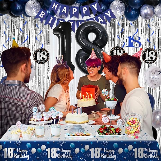 18th Birthday Decorations for Boys Men Girls Dark Blue, HAPPY BIRTHDAY Banner Black Number 18 Balloons Tablecloth Foil Backdrop Star Balloons Garland Arch Kit-18 Years Old Birthday Party Supplies