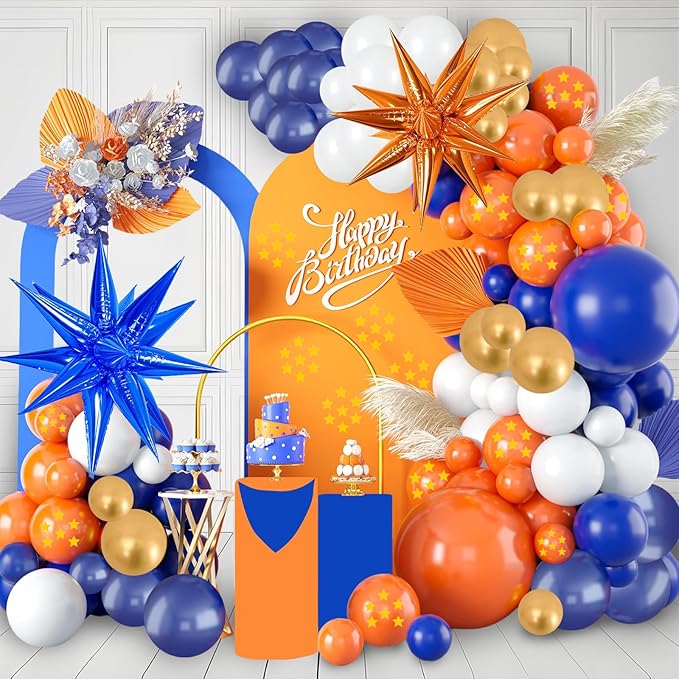 112 Pcs Blue Orange Gold balloon garland Arch Kit, Pentagram Print Balloons for Cartoon Themed Birthday Party Decorations Boys Girls Gatherings Party Supplies