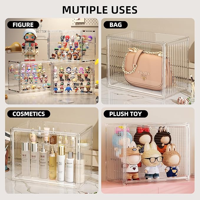 JOYZAN Acrylic Display Cases for Collectibles 4 Packs 4 Layer Adjustable Clear Figure Display Case with Magnetic Door Stackable Collectible Display Box with 3 Movable Plates Blind Box Case - Large