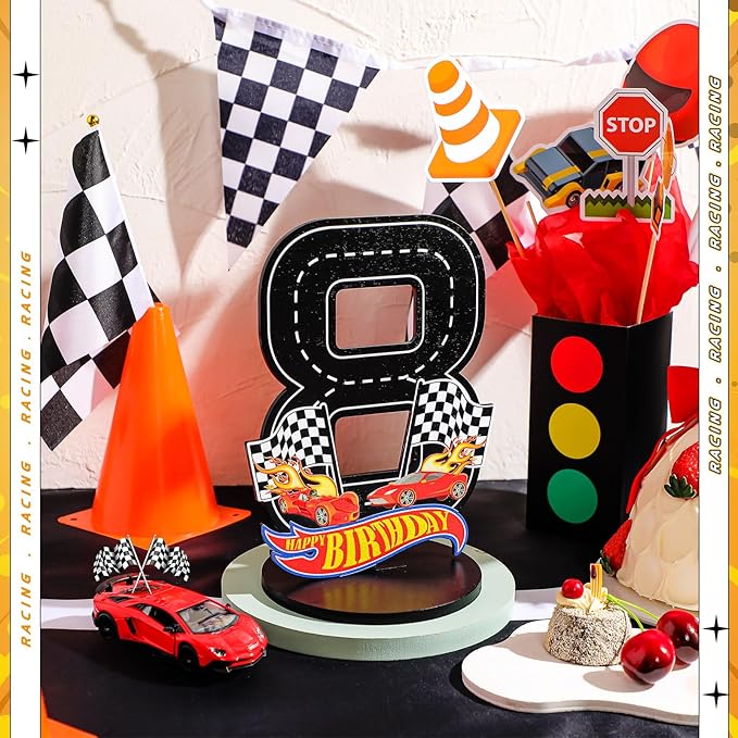 Race Car 8th Birthday Number Sign Centerpiece Race Car Theme 8th Birthday Party Supplies Wooden Table Decoration Photo Props for Boys Eight Years Old