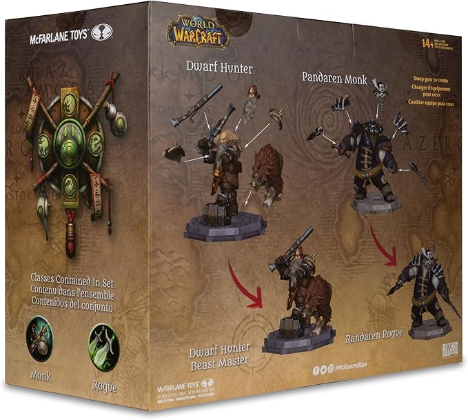 McFarlane Toys - World of Warcraft Dwarf Hunter: Beastmaster & Marksman and Pandaren: Monk & Rogue 1:12 Scale Posed Figure Deluxe 2pk Gold Label
