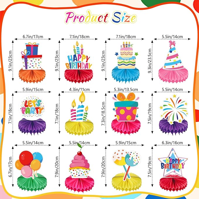 12 Pcs Happy Birthday Party Decorations, Colorful Happy Birthday Decorations, Table Honeycomb Centerpieces Decor Table for Party Supplies for Women Men The Kids' Boys Girls