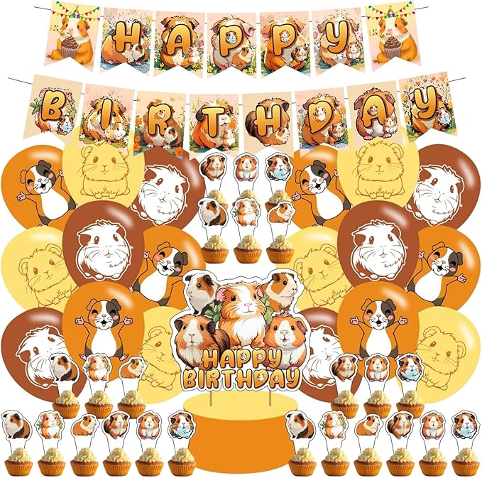 Guinea Pig Party Decorations,Hamster Birthday Party Supplies For Guinea Pig Party Supplies Includes Banner - Cake Topper - 12 Cupcake Toppers - 18 Balloons