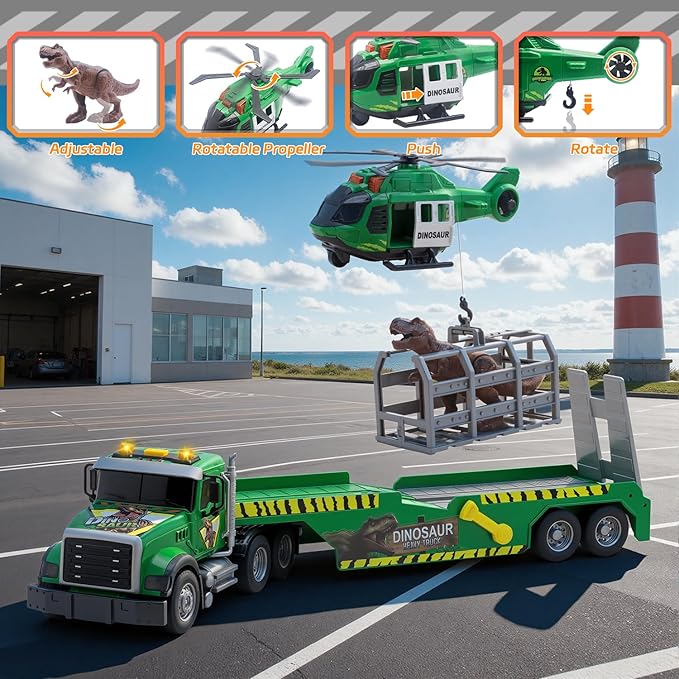 Carrier Dino Truck Kids Toys,21" Semi Truck Toy with Helicopter & Dinosaur Toy with Lights & Sounds,Large Friction Powered Vehicles for Toddlers Age 3 4 5 6 7,Christma Birthday Gifts for Boys Girls