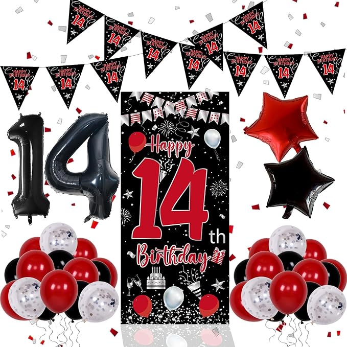 14th Birthday Decorations for Boys Girls, Happy 14th Birthday Decorations Boy, Red Black 14 Year Old Birthday Door Banner Sign, Triangle Flag, Large 14 Balloons Decor for 14 Bday Party Supplies