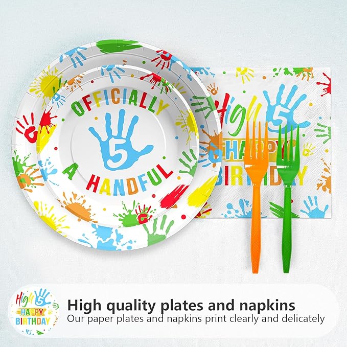 96Pcs Hi Five Birthday Decorations Colorful High Five Birthday Party Plates and Napkins Disposable 5 Year Old Tableware for Kids Boys Girls 5th Party Supplies, Serves 24