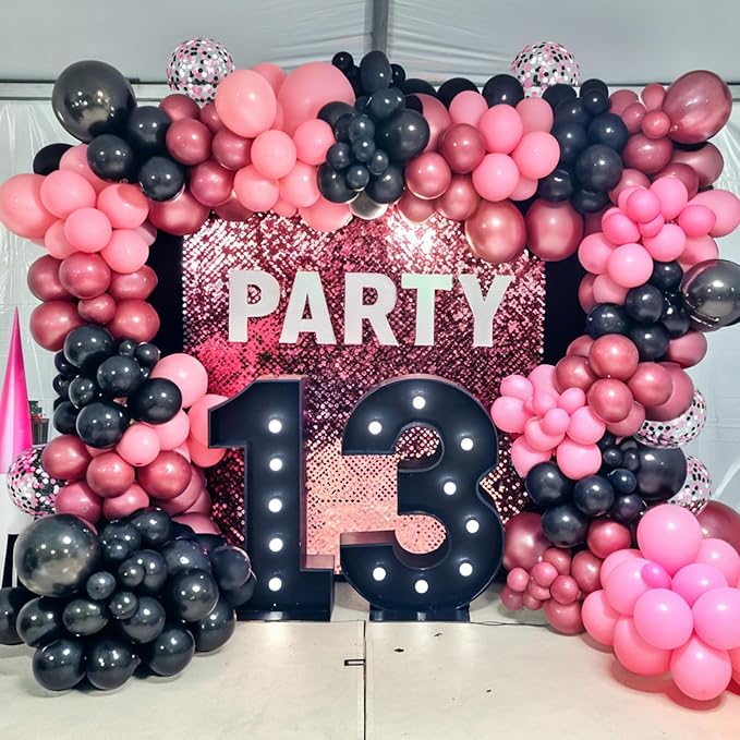 Pink and Black Balloons, 60Pcs 12 Inch Hot Pink Light Pink Black Confetti Metallic Pink Party Balloons for Girl Birthday Theme Party Wedding Engagement Bachelorette Bridal Shower Decorations