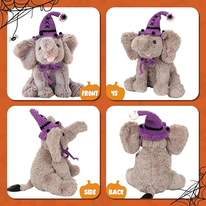 Hopearl Adorable Halloween Plush Calf Elephant Toy with Knitted Witch Hat Floppy Elephish Ultra Soft Stuffed Animal for Boys Girls Kids Toddlers, Gray, 10''