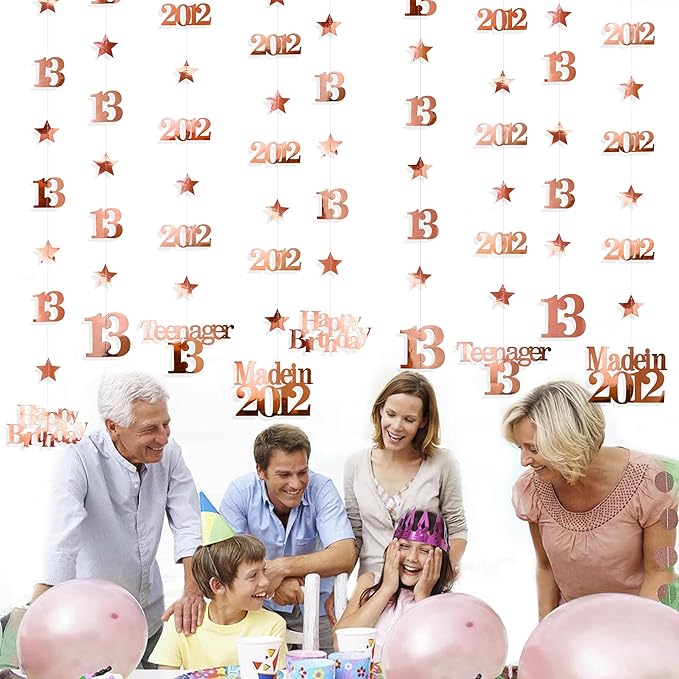 12PCS Rose Gold 13th Birthday Decorations Number 13 and 2012 Star Garland Streamer Banner Backdrop for Girls Cheers to 13 Years Birthday Vintage Made in 2012 Official Teenager Party Decor Supplies