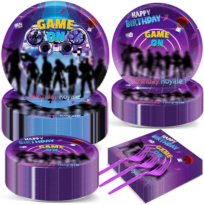 200Pcs Video Game Party Supplies Gaming Party Plates and Napkins Birthday Plates and Napkins for Royale Game Disposable Tableware Set Baby Shower Birthday Decor, 50 Guests