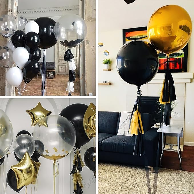 PartyWoo Black Foil Balloons 3pcs 50 Inch Large Round Foil Big Giant 4D Jumbo Inflatable Mirror Ball Mylar Balloons for Halloween Graduation Birthday Retirement Anniversary Party Decorations