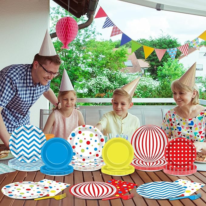 96Pcs Carnival Party Supplies Circus Theme Plates Napkins Tableware Set Red Blue Carnival Party Decorations Dinnerware for Kids Birthday Baby Shower Circus Favors Serves 24 Guests