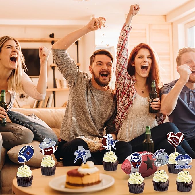 Cowboy Birthday Party Decorations - 24 Pcs Blue Cowboy Football Cupcake Topper Picks, American Rugby Cup Cake Toppers, Game Day Sports Theme Party Supplies Favors Decor for Boys Kids Men