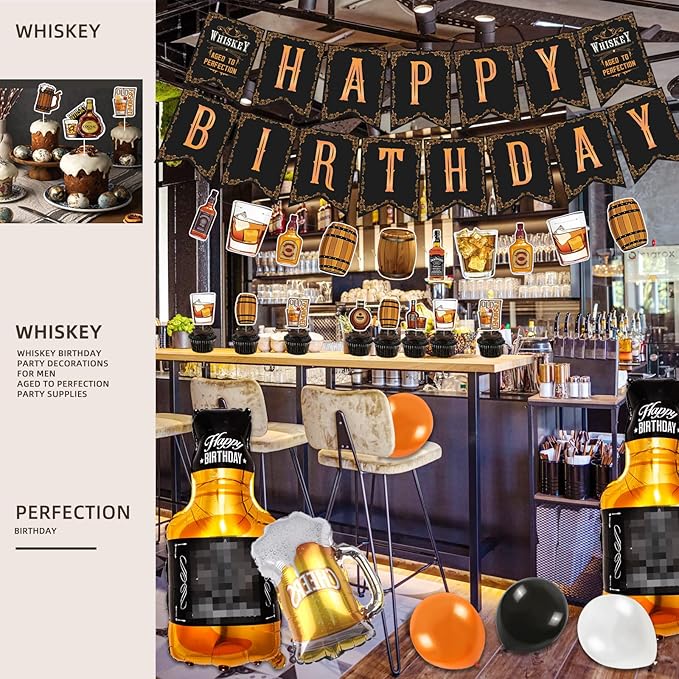 Whiskey Birthday Party Decorations for Men Aged to Perfection Party Supplies Include Birthday Banner Whiskey Garland Tablecloth Cake Toppers Foil Balloons for Whiskey Party Decorations for Dad Daddy
