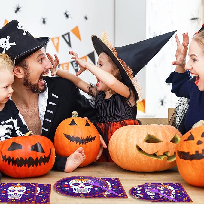 96 Pcs Day of The Dead Tableware Set Colorful Skull Marigold Decors Mexican Fiesta Theme Party Dessert Plates Napkins Forks for Day of The Dead Party 24 Guests
