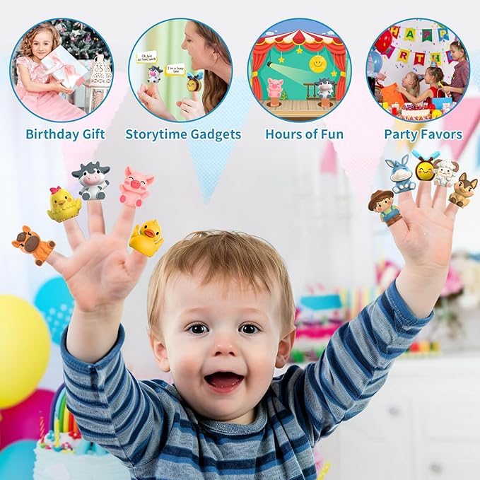 Oriate Animal Farm Finger Puppets, Bath Toys for Kids with Storage Bags, Toddler Toys for Story Time Stuffer with Puppet Theater, Toddler Travel Kit Valentines Gifts Easter Eggs Fillers 12m+ 10Pcs