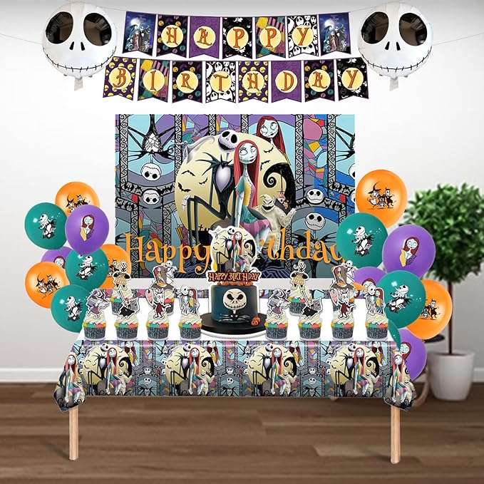 Birthday Decorations, Nightmare Christmas Party Supplies Halloween Birthday Party Decorations Set Includes Banner Balloons Tablecloth Backdrop Hanging Swirls Cake Toppers