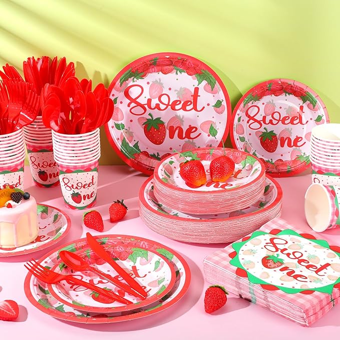 350 Pcs Strawberry Sweet One Party Supplies Tableware Set Disposable 9'' 7'' Paper Plates 9 oz Cups Cutlery Napkins Dinnerware Set for 1st Birthday, Serve 50 (Strawberry Sweet One, Red, Pink)