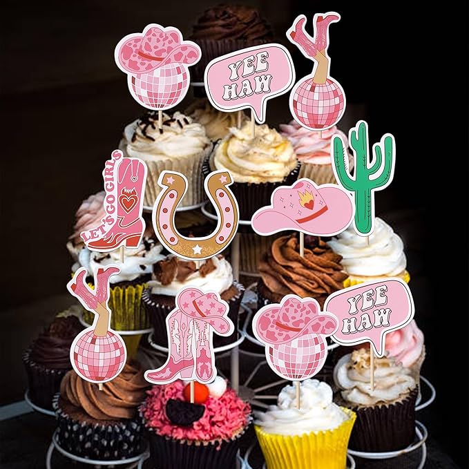 40 PCS Cowgirl Cupcake Toppers Double Sided HorseShoe Cactus Hat and Boot Cupcake Picks Disco Ball Cup Rodeo Cake Decorations for Western Cowgirl Theme Birthday Party Supplies