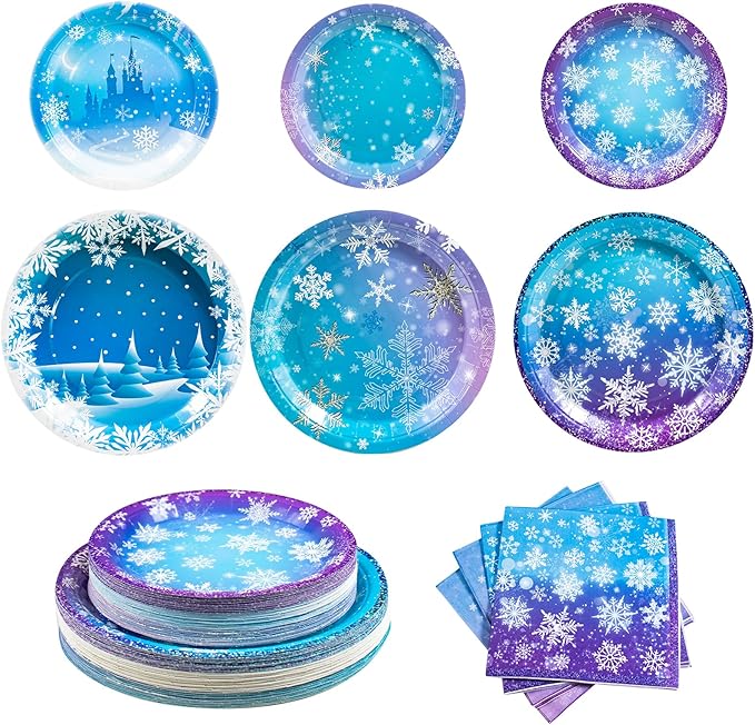 180PCS Frozen Birthday Party Supplies Serve 60,Snowflake Winter Wonderland Paper Plates and Napkins Kit for Christmas Winter Holiday New Year Birthday Party Supplies Decorations