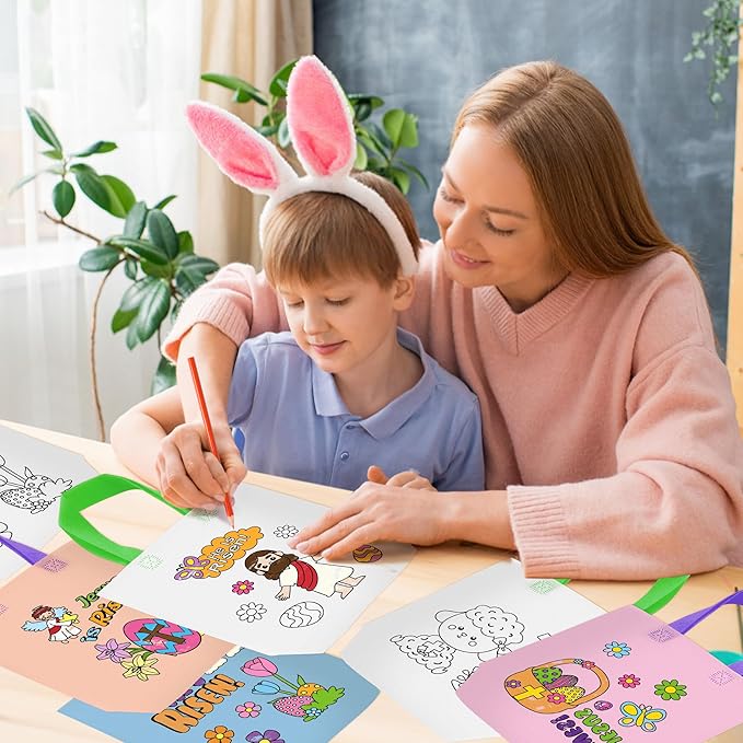 Easter Coloring Goodie Bags for Kids - 24Pcs He is Risen Bulk Color Your Own Gift Bags with Handle Religious Jesus Reusable Non Woven Coloring Tote Packet for DIY Crafts Painting Party Favor Supplies