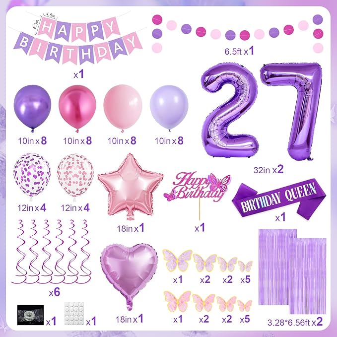 27th Purple Birthday Decorations for Women, Pink and Purple Happy 27 Birthday Party Decorations with Happy Birthday Banner, Number Foil Balloons, Butterfly Cake Topper for 27th Party Supplies