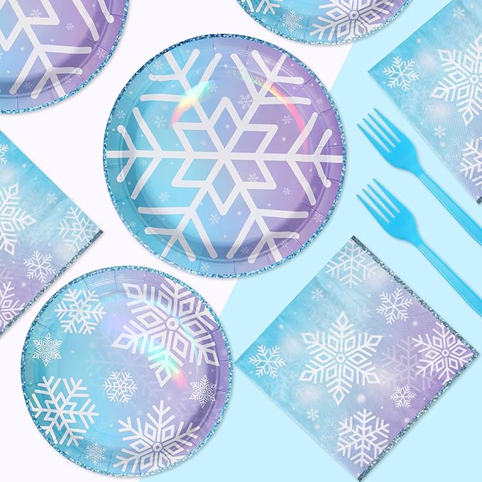 Grencian 96PCS Snowflake Party Decorations Blue Frozen Snowflake Plates and Napkins Disposable Winter Onderland Tableware Set for Winter Baby Shower Birthday Party Supplies, Serves 24