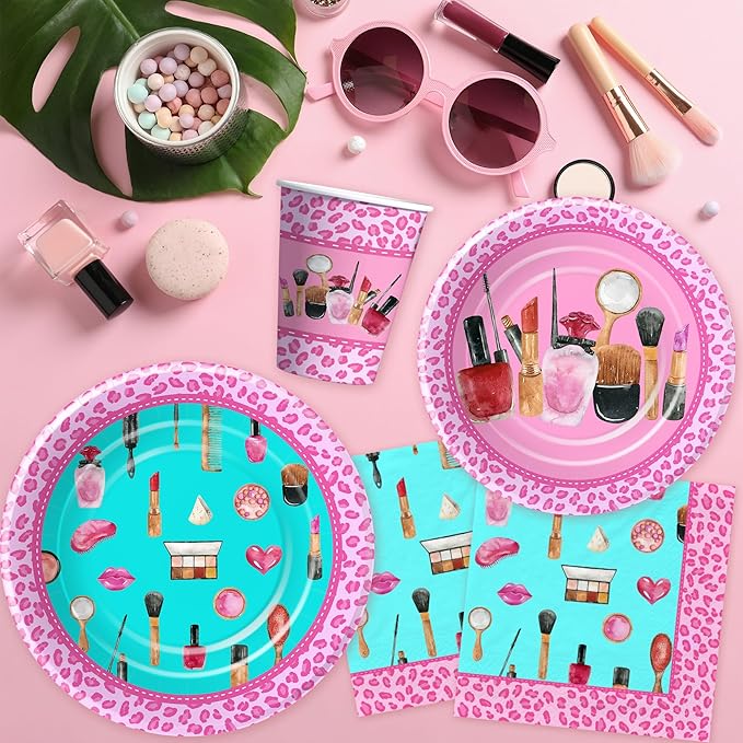 Spa Party Decorations Tableware For Girls, Spa Day Makeup Birthday Party Supplies, Paper Plate, Napkin, Tablecloth, Disposable Fork | Serves 24
