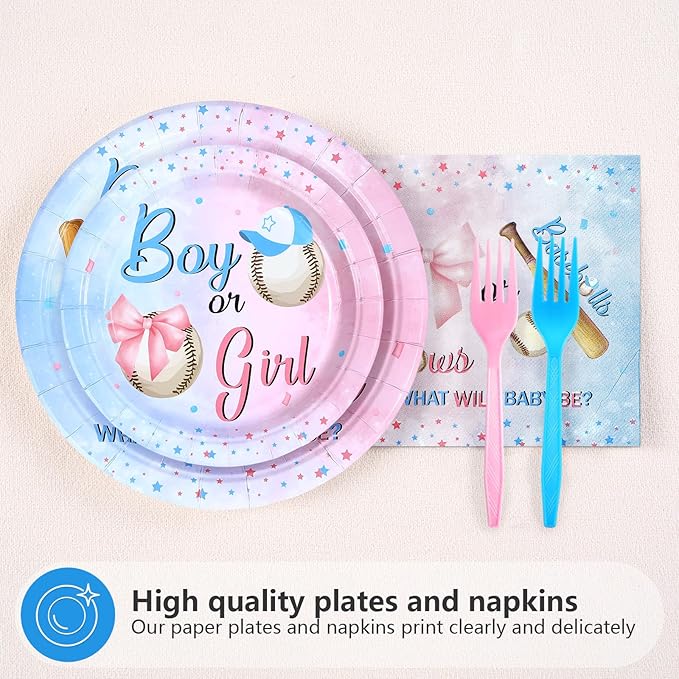 96 Pcs Baseball or Bows Gender Reveal Decorations Disposable Boy or Girl Gender Reveal Party Supplies Blue Pink Baseballs Themed Paper Plates and Napkins for Pregnancy Announcement Supplies，Serves 24