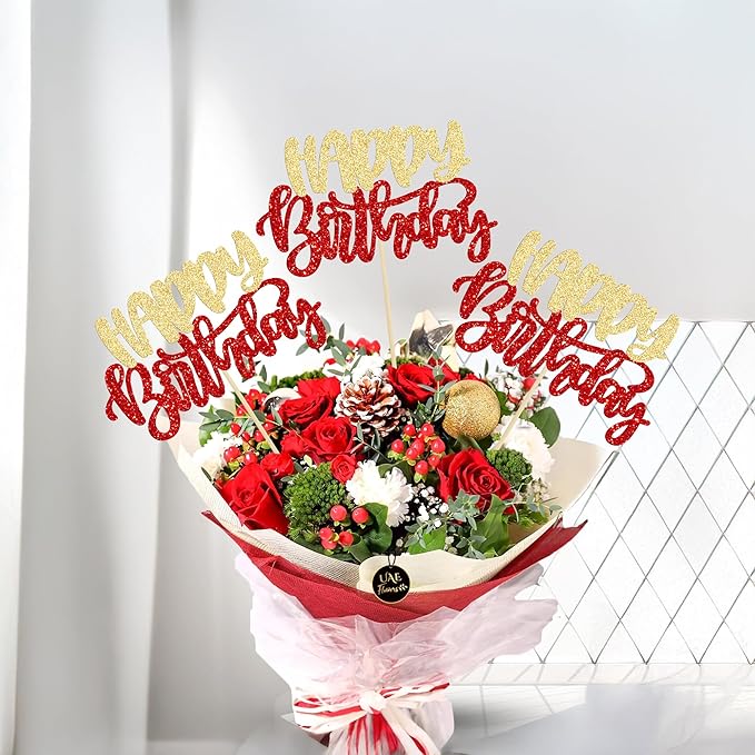 Gyufise 12Pcs Happy Birthday Centerpieces Sticks Double Sided Glitter Birthday Party Decorations Anniversary Table Flower Centerpiece for Celebrating Party Supplies Gold Red