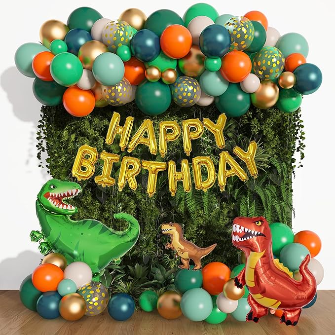 Amandir 165Pcs Dinosaur Balloons Arch Garland Kit, Sage Green Orange 6Pcs Dino Foil Balloons Happy Birthday Balloon for Jungle Safari Dinosaur Themed Party Decorations Supplies Boys