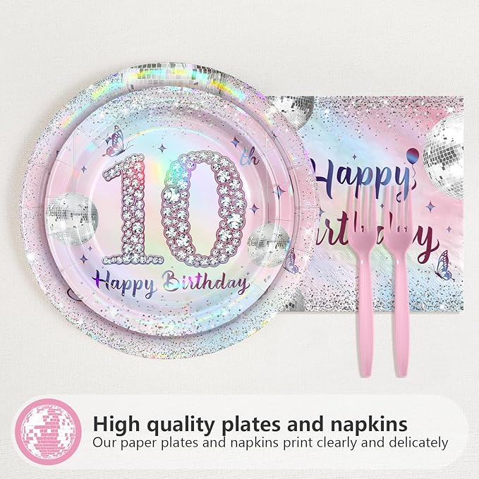 96Pcs 10th Birthday Party Decorations for Girls Double Digits Plates and Napkins Iridescence Silver Pink 10th Tableware for Girls Double Digits Tenth Birthday Party Decorations Serve 24