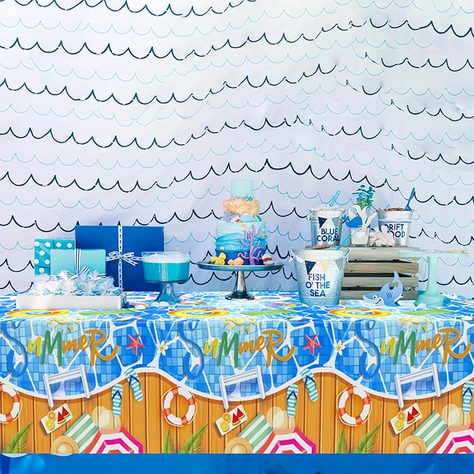 3 Pieces Pool Party Plastic Tablecloths, 54 * 108 Inch Summer Beach Table Covers, Hawaiian Beach Theme Table Cloth for Pool Party Decorations