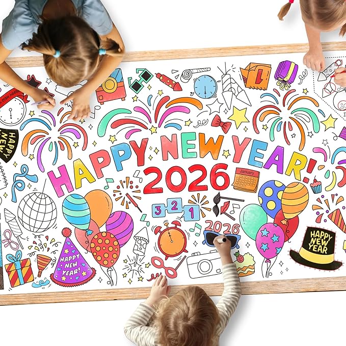 Gatherfun Giant Coloring Poster for Classroom Wall - Versatile 31.5 x 72 Inches Happy New Year Activity Poster/Table Cover, School Parties, Happy New Year Party and Special Events Decoration