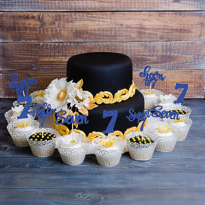 30Pcs 7th Birthday Cupcake Toppers Glitter Seven Happy 7 Cupcake Picks Cheers to 7 Years Old Cake Decorations for 7th Birthday Party Supplies Deep Blue