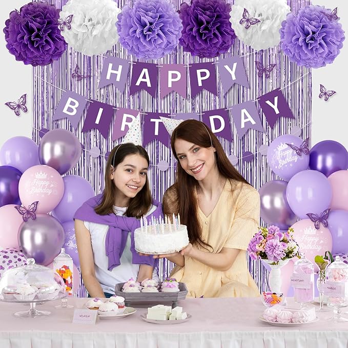 Purple Birthday Decorations for Women Girls, Lavender Pink Confetti Metallic Printed Balloons Butterfly Stickers Fringe Curtain Happy Birthday Banner Circle Dots Garland Paper Pompoms Party Supplies