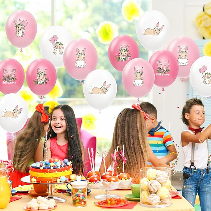 48 Pcs Bunny Birthday Decorations Balloons Set, Pink Rabbit Bunny Theme Print Latex Balloons Party Supplies for Birthday Baby Shower, Easter