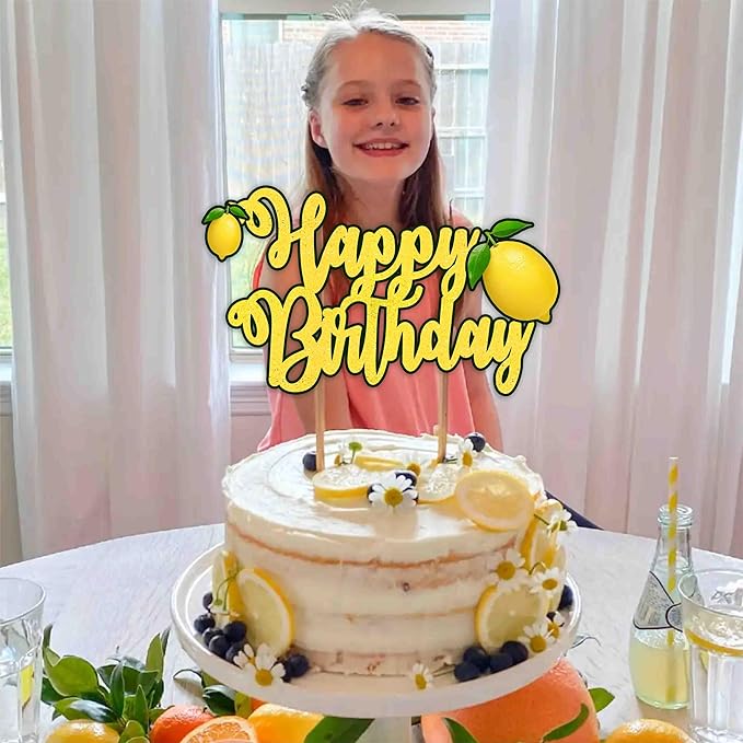 Lemon Happy Birthday Cake Topper – Fresh Fruit Theme Cake Decoration for Birthday Celebration, Lemon Inspired Dessert Topper for Party Cakes, Table Display Styling, Photo Setup.