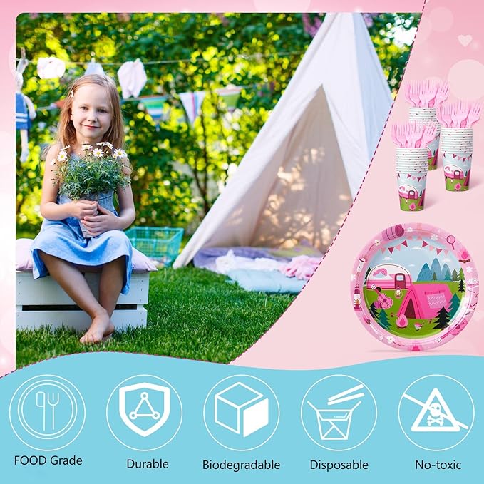 Zubebe 120 Pcs Pink Camping Party Supplies for 24 Guests: 48 Plates, 24 Cups, 24 Napkins, 24 Forks - Camping Theme, Disposable, Lightweight