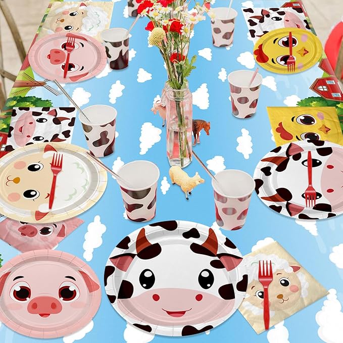 Farm Birthday Party Plates Set for 20 Guests, Including Animals Tablecloth, Napkins, Forks and Plates for Baby Shower Farm Birthday Decorations