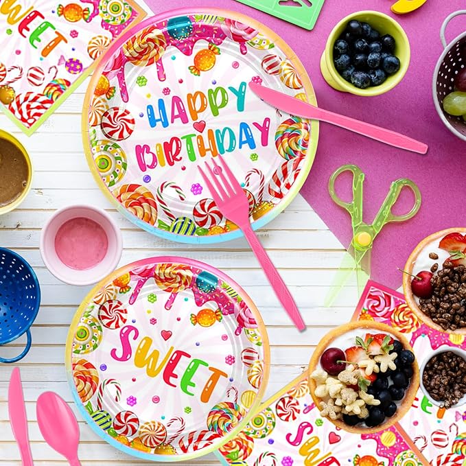 Avezano 192 Pcs Candyland Party Decorations Lollipop Dessert Theme Birthday Party Decorations Disposable Candy Land Tableware Party Supplies Paper Plates Napkins Forks Set for 24 Guests