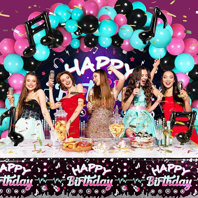 OurWarm 130 Pcs Tik Tok Birthday Party Decorations, Music Happy Birthday Decorations, Tiktok Party Theme Party Supplies Includes Happy Birthday Banner, Balloons Arch, Tablecloth for Birthday Decor