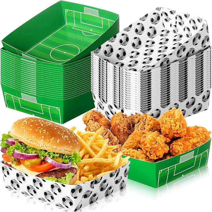 Teling 36 Pack Soccer Party Supplies Large 5 lb Soccer Plates Trays Bowls Paper Food Boats Disposable Nacho Serving Snack Trays for Sport Themed Birthday and Tailgate Party Decorations Favors