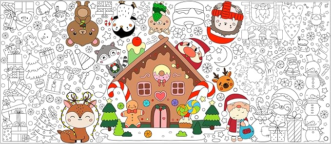 Dvbonike Jumbo Christmas Coloring Poster with Gingerbread House Santa Giant Xmas Color-in Paper Poster DIY Blank Doodle Art Banner 55.1 x 23.6 inch Decor, Home School Activity Party Supplies for Kids