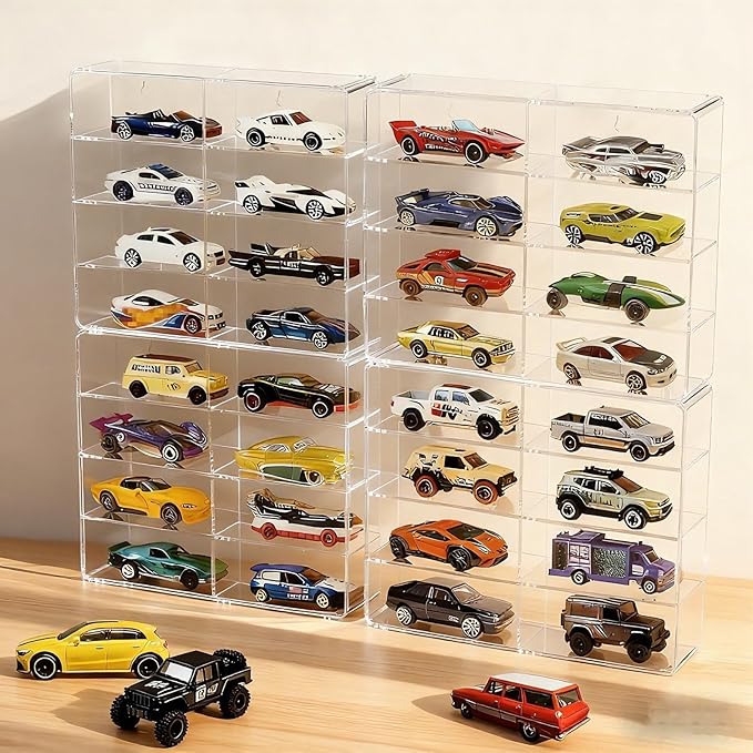 4-Pack Clear Display Case for 1/64 Scale Die-Cast Cars, Compatible with Hot Wheels & Matchbox, Wall-Mountable & Stackable Toy Car Storage Boxes, Holds 32 Cars, Dustproof, 6.5 × 7.5 × 1.6 in